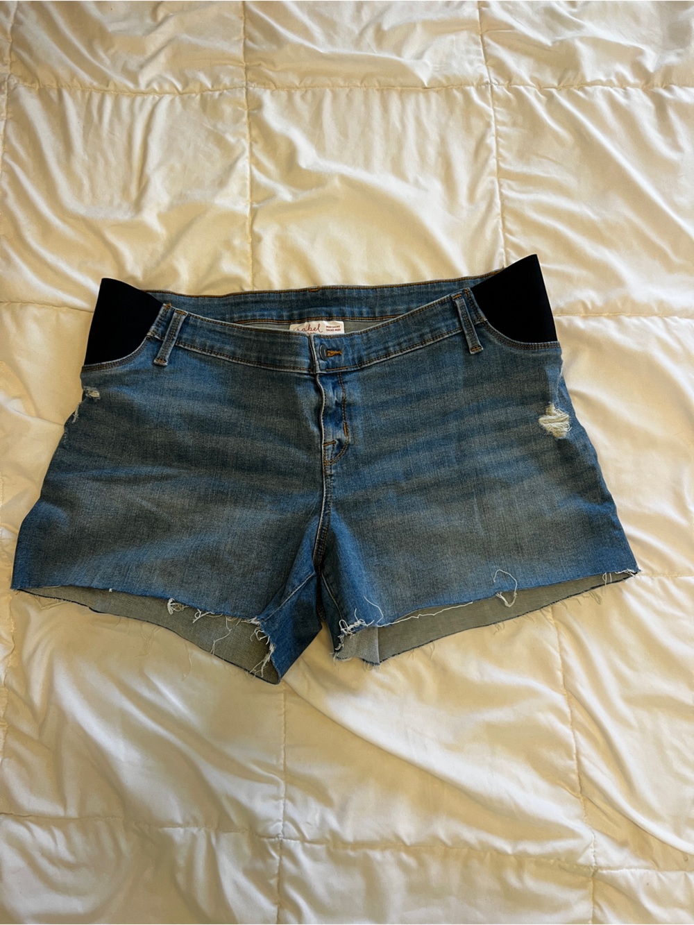 Isabel Maternity Blue Denim Maternity Shorts with Black Waist Panels